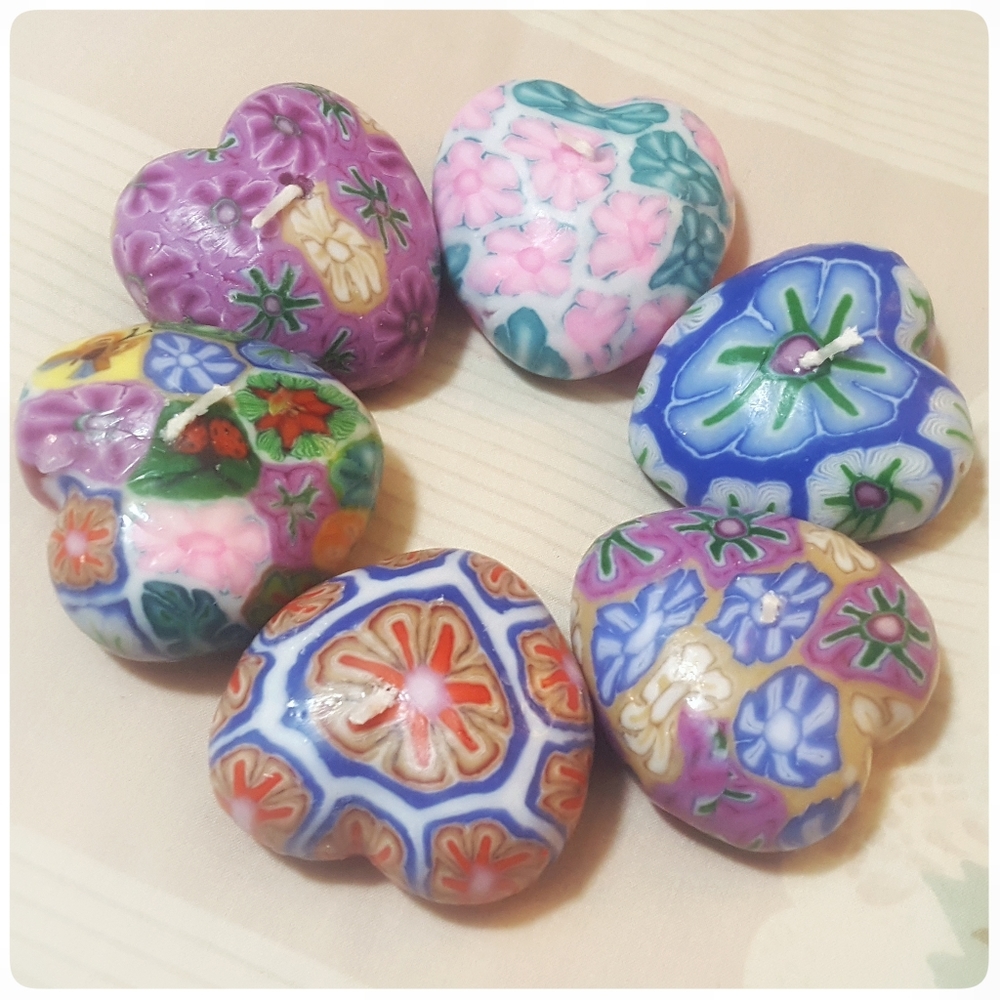 *SOLD* SET 6 vtg Millefiori floating heart candles - Picture 1 of 8